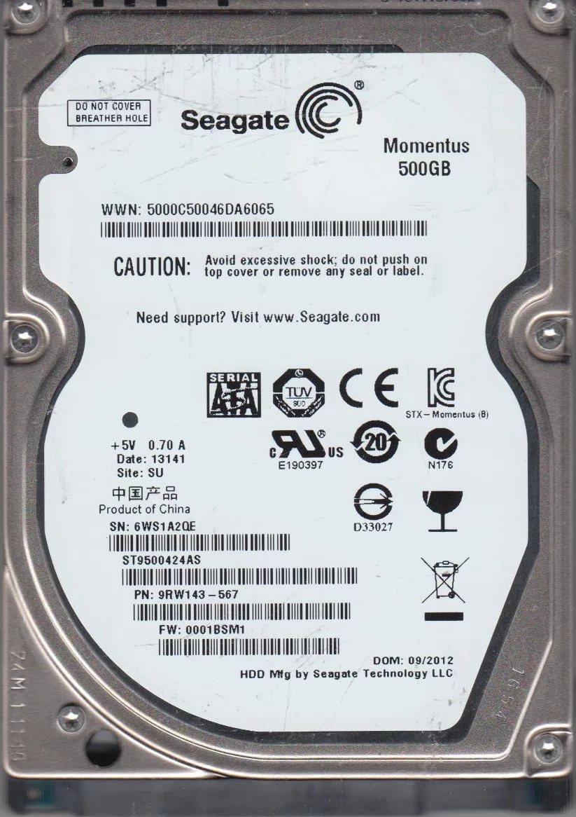 ST9500424AS, 6WS, SU, PN 9RW143-567, FW 0001BSM1, Seagate 500GB SATA 2.5 Hard Drive