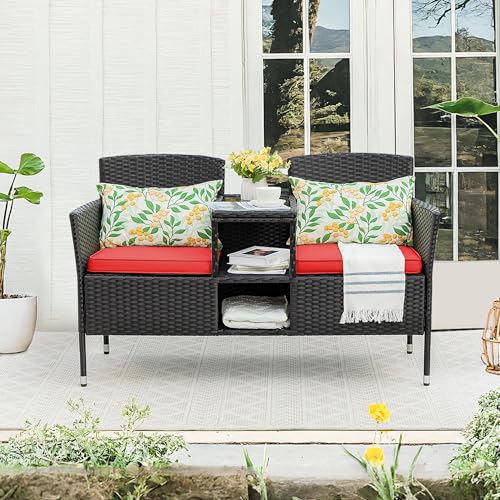 Devoko Outdoor Patio Loveseat Modern Rattan 2-Seat Patio Conversation Set with Cushions & Built-in Coffee Table Porch Furniture for Garden Lawn Backyard (Beige)