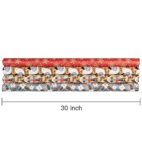 RUSPEPA Christmas Kraft Wrapping Paper - Owl, Reindeer, Christmas Ball and Text Design - 4 Rolls - 30 inches x 10 feet per Roll