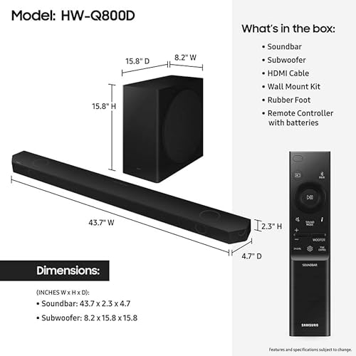 SAMSUNG Q990D 11.1.4ch Soundbar w/Wireless Dolby Atmos Audio, Rear Speaker Included, Q-Symphony, SpaceFit Sound Pro, Adaptive Sound, Game Mode Pro with Alexa Built-in, HW-Q990D/ZA