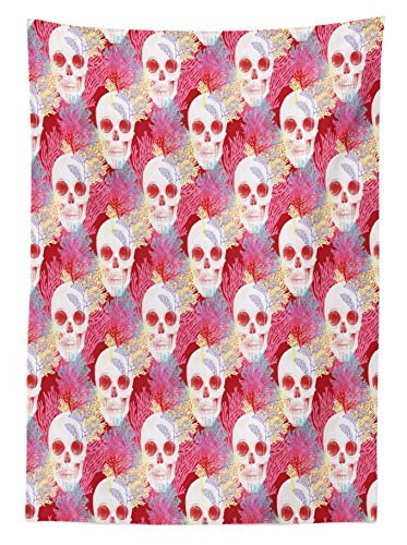 Ambesonne Coral Outdoor Tablecloth, Double Exposured Graphic Mexican Skull Bones and Exotic Creepy Dead with Plants, Decorative Washable Picnic Table Cloth, 58