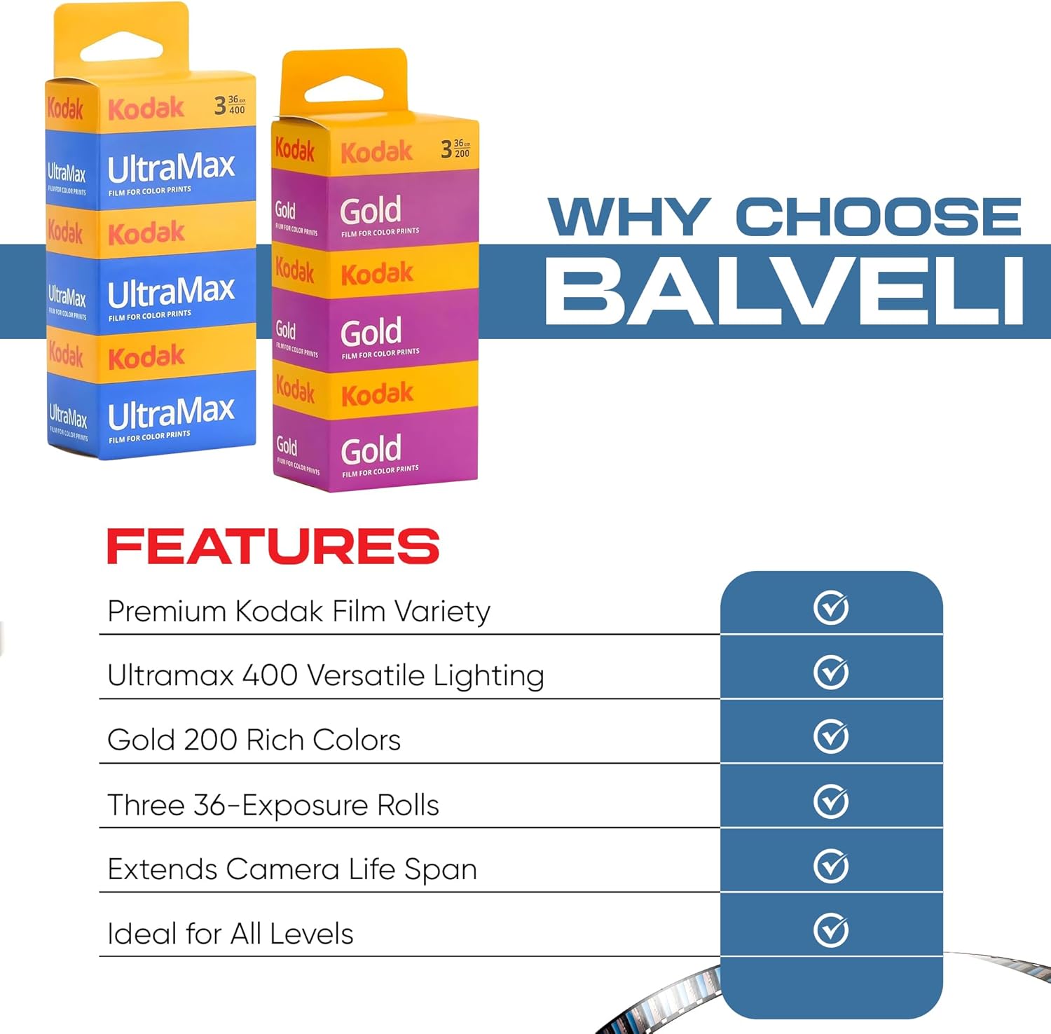 Kodak Ultramax 400 35mm Film 3 Pack & Kodak Gold 200 35mm Film 3 Pack Bundle (6 Total Rolls) 36exp for 35mm Film Camera 35mm - Kodak Film- Balveli Microfiber Cloth - 35 mm Film roll- Camera Film-