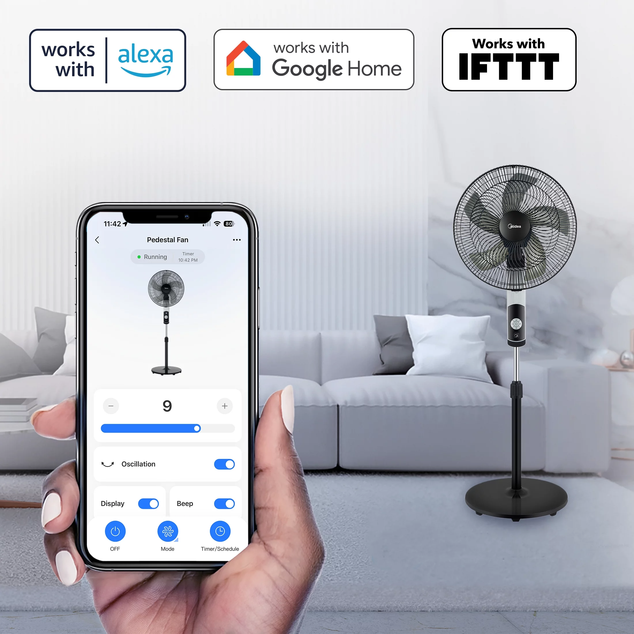 Midea 16-inch Smart Pedestal DC Fan with Wi-Fi, Black