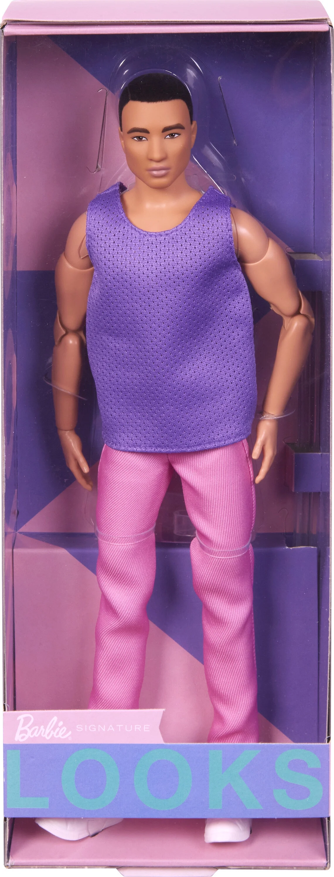 Ken Doll, Barbie Looks Fashion Doll, Black Hair, Purple Mesh Top with Pink Pants