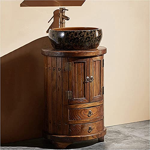 Freestanding Pedestal Sink Hotel Art Basin, Retro Style Bathroom Sink Cabinet Set, Free Standing Basin Vanity Cabinet Unit Round Sink Storage Furniture Unit 19.6x28.7in ( Color : Wood Color , Size : N