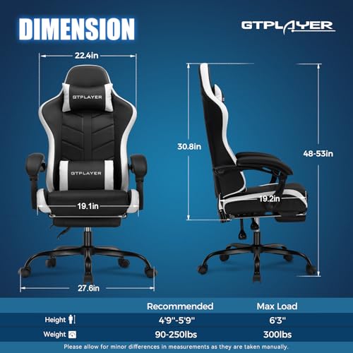 GTPLAYER Gaming Chair with Footrest, Computer Gaming Chair for Adults and Kids, Height Adjustable Gamer Chair with 90-155° Recline & Removable Headrest Lumbar Support (Dark Black-White)