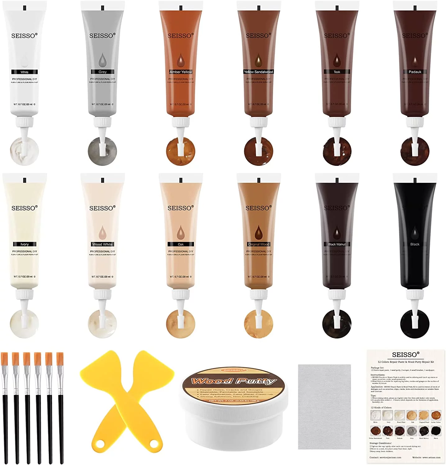 SEISSO Wood Furniture Repair Kit Wood Putty Wood Filler, 12 Colors Floor Touch Up Kit with Wood Filler Stainable and Water-Based Wood Putty Cover Surface Scratch for Wooden Floor Table Cabinet