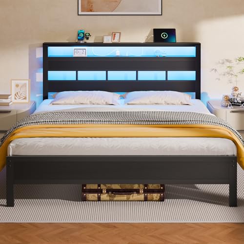 Furnulem Full Size Bed Frame with LED Light and Charging Station, Wood Storage Headboard with 2-Tier Shelves, Metal Platform Bed with Heavy Duty Slats Support, No Box Spring Needed, Black Oak