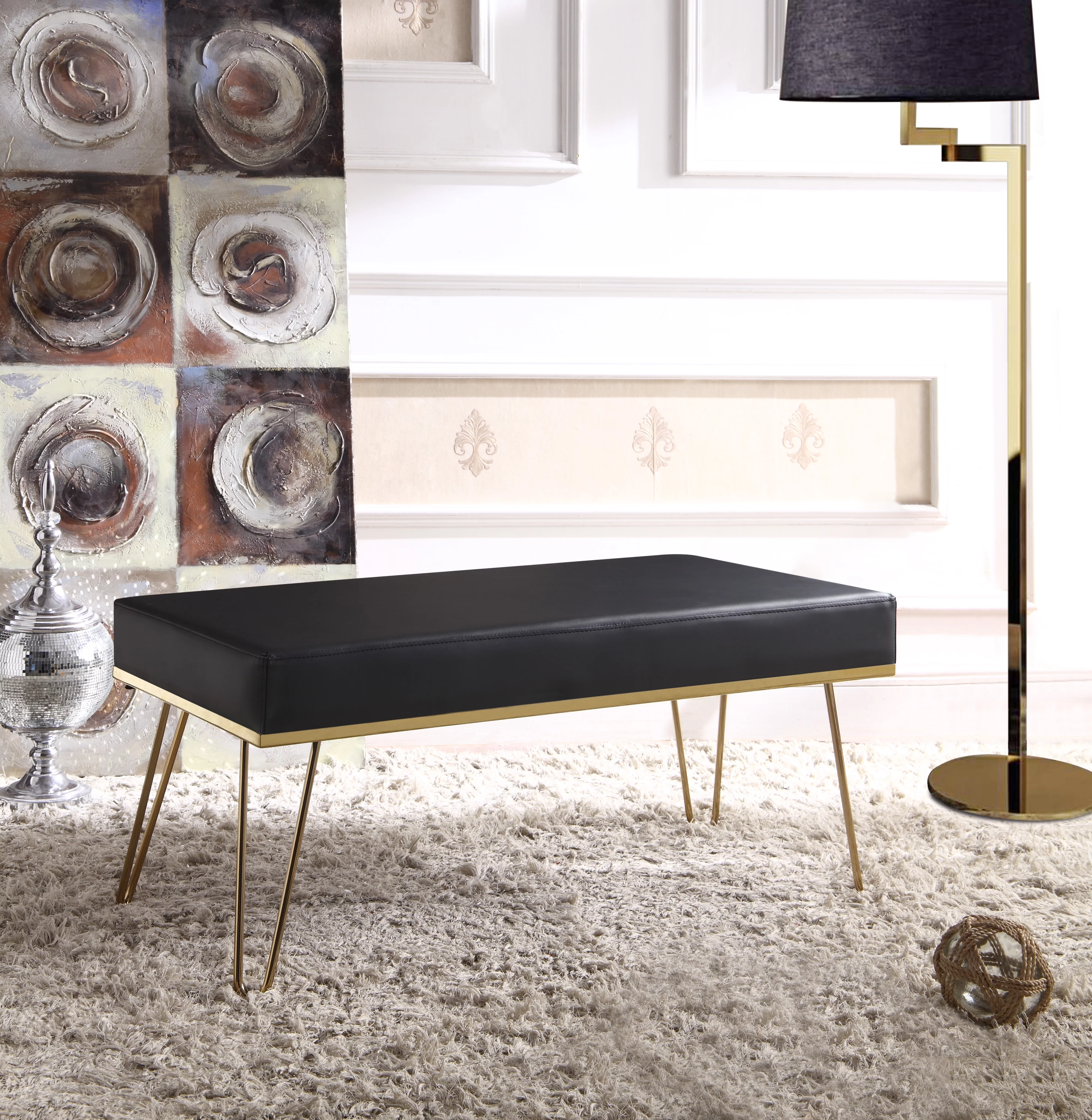 Chic Home Aldelfo Bench PU Leather Upholstered Hairpin Legs, Black