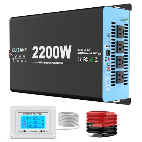 2500W Pure Sine Wave Inverter with Transfer Switch, 12V DC to 120V AC Converter with 2AC Outlets, USB Port, Type-C Port, Remote Controller, Power Inverter for RV, Outdoor, Auto Swtich to Shore Power