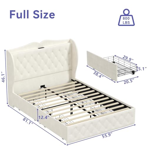 BedsPick Full Size Bed Frame with 4 Storage Drawers and Wingback Headboard, Velvet Upholstered Platform Bed Frame with Button Tufted and Charging Station,No Box Spring Needed,Noise Free