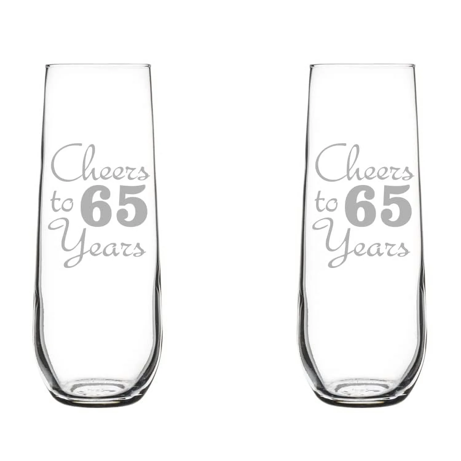 Set of 2 Glass Champagne Flutes Sparkling Wine Glasses Birthday Anniversary Cheers 65 Years (8.5 oz Stemless)