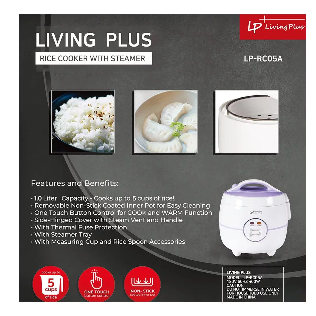 LP Living Plus Electric Rice Cooker, Non Stick Coating, One Touch Button (1.0L/5Cup)