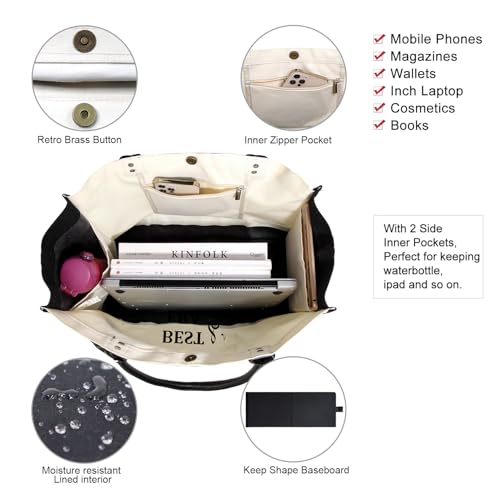 BeeGreen Mother's Day Gifts Personalized Women's Large White and Black Canvas Tote Bag, Embroidered Initials, Leather Handle, Zipper Closure