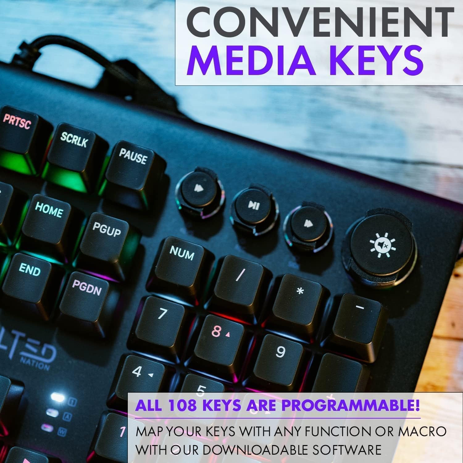 Mechanical Gaming Keyboard LED, Tilted Nation RGB Mechanical Keyboard with Volume Control Knob and Removable Wrist Rest - Programmable Light Up Keyboard with Quick Response Red Switches