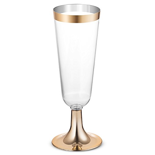 BloominGoods 50 Plastic Gold Rimmed Champagne Flutes | 5.5 oz. Clear Hard Disposable Party & Wedding Glass | Premium Heavy Duty Fancy Cup (50-Pack)