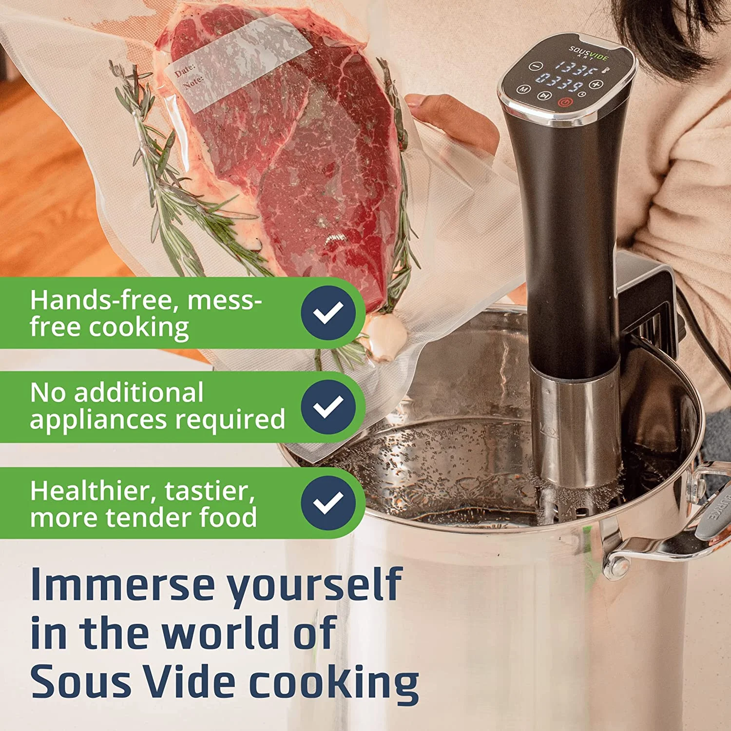 Sous Vide Cooker Kit ALL-IN-ONE - Sous Vide Machine 800W, 120V with Accurate Temperature Digital Timer, 30 Sous Vide Bags, Sous Vide Clips, Vacuum Pump, Cookbook with Recipes
