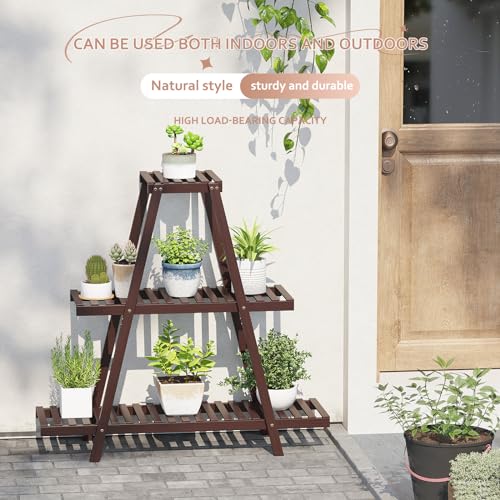 Plant Stand For Indoor Outdoor Tiered Plant Shelf 3 Tier 8 Potted Bamboo Flower Holder Ladder Rack For Multiple Triangle Table Plant Pot Stand (Natural)