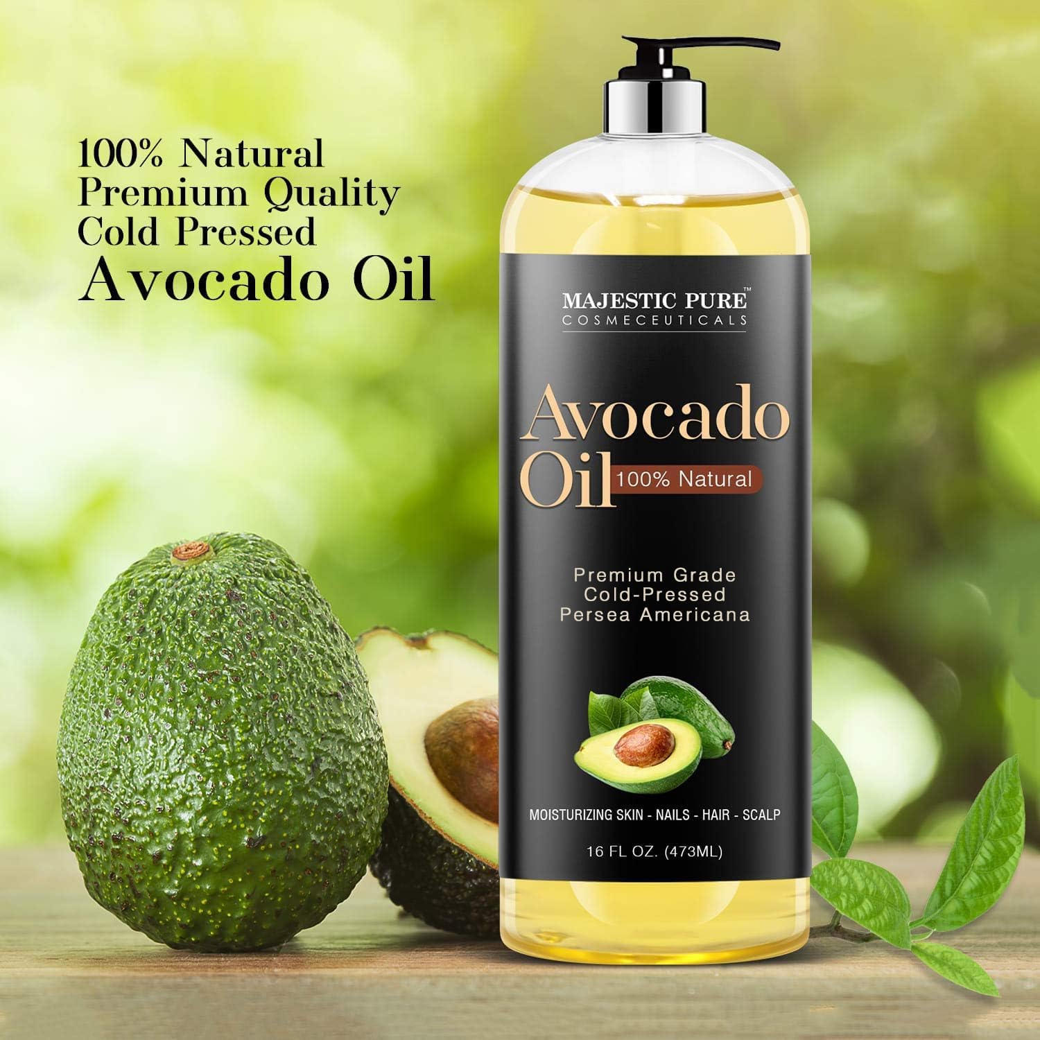 MAJESTIC PURE Avocado Oil - 100% Pure and Natural, Cold-Pressed, for Skin Care, Massage, Hair Care, and Carrier Oil to Dilute Essential Oils, 16 fl oz