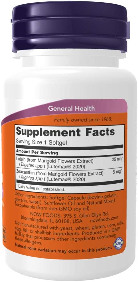 NOW Supplements, Lutein & Zeaxanthin with 25 mg Lutein and 5 mg Zeaxanthin, 60 Softgels