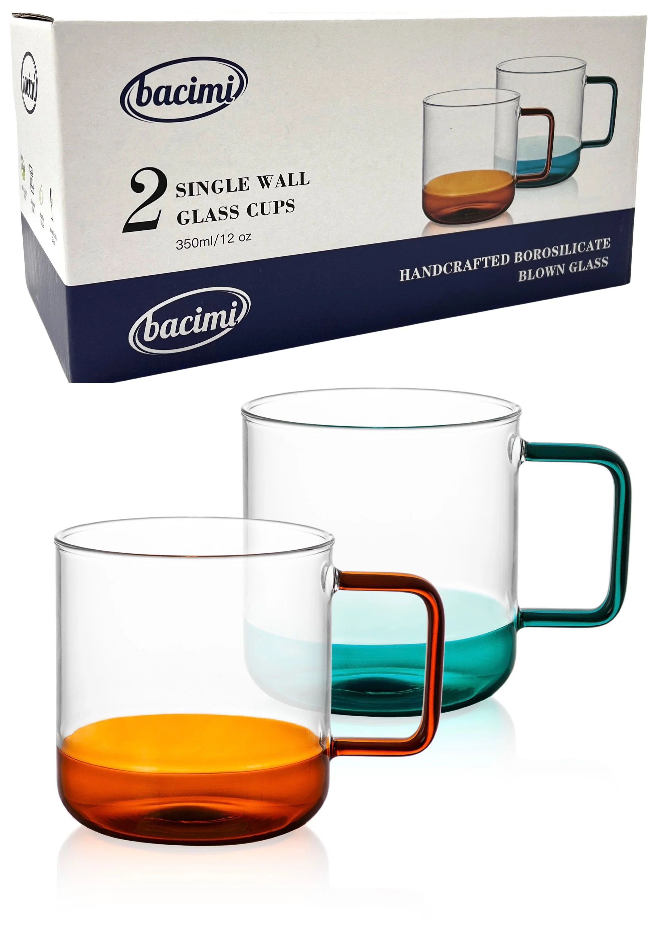 Bacimi Clear Espresso Cups with Colorful Handles - Set of 2 / 12oz - Borosilicate Glass Mugs for Cappuccino, Tea, Latte, Coffee & Hot Beverage - Drinking Cups - Microwave Safe