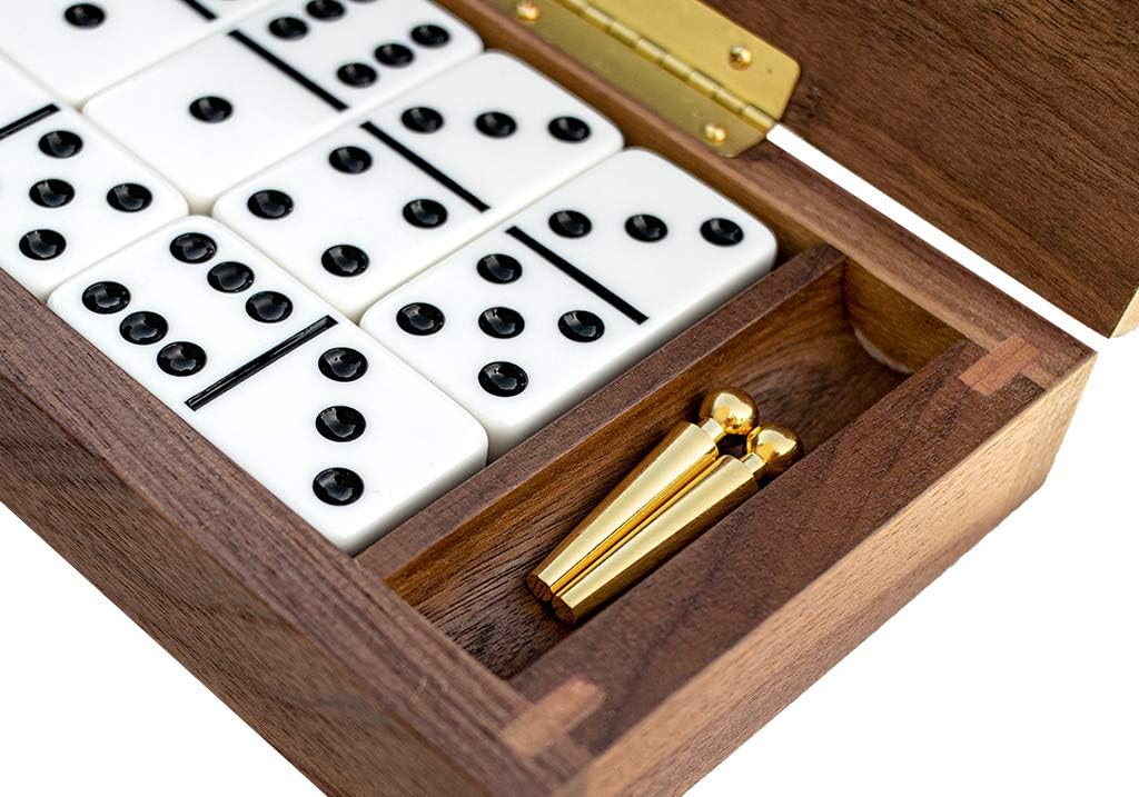 Le Club Luxury Domino Set with Handcrafted Walnut Case and Cribbage / Counter Top - Tournament Quality 28 Indestructible (Domino Set with Brass Plate)