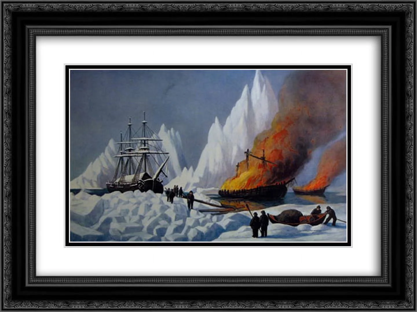 Currier and Ives 2x Matted 24x18 Black Ornate Framed Art Print 'American Whalers Crushed in the Ice'