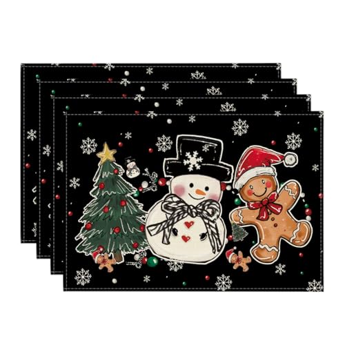 Artoid Mode Snowman Tree Gingerbread Gifts Merry Christmas Placemats Set of 4, 12x18 Inch Seasonal Winter Holiday Table Mats for Party Kitchen Dining Decoration