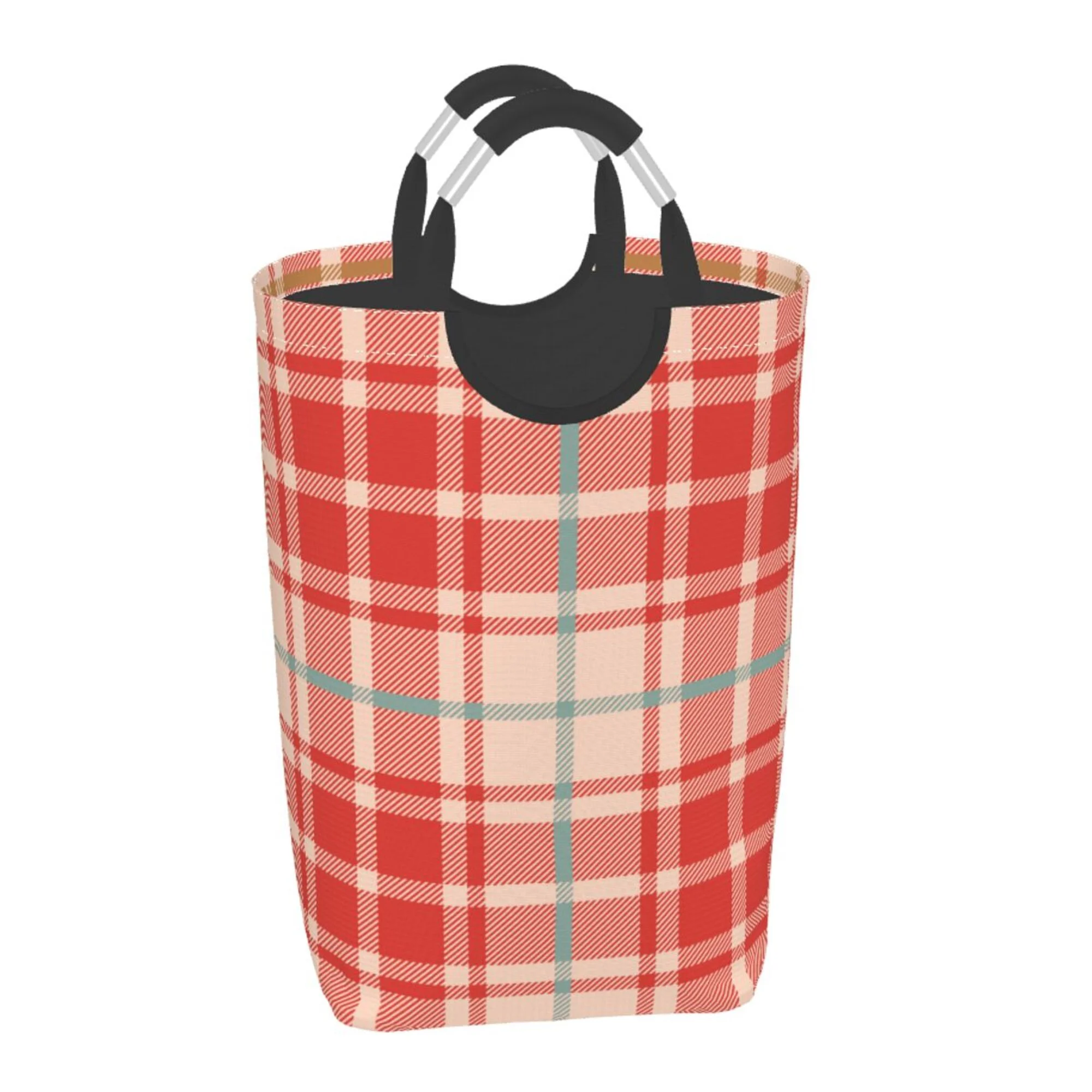 TEQUAN 50L Large Rectangular Laundry Hamper with Aluminum Handles, Beige Red Checkered Plaid Prints Waterproof Foldable Dirty Clothes Basket