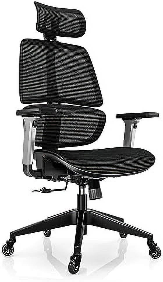 RUNFAYBIU High-Back Office Chair  Swivel Ergonomic Task Chair with Adjustable Headrest and Arms  Lumbar Support and PU Wheels  Computer Mesh Chair for Home Office  Black