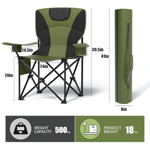 Heavy Duty Folding Chair 500LB Capacity, Oversized Camping Chairs with Cup Holder, Cooler Bag & Storage Pouch, Double-Layer Fabric, Outdoor Chairs for Sports, Lawn Chairs (2, Black Green, Extra Large)