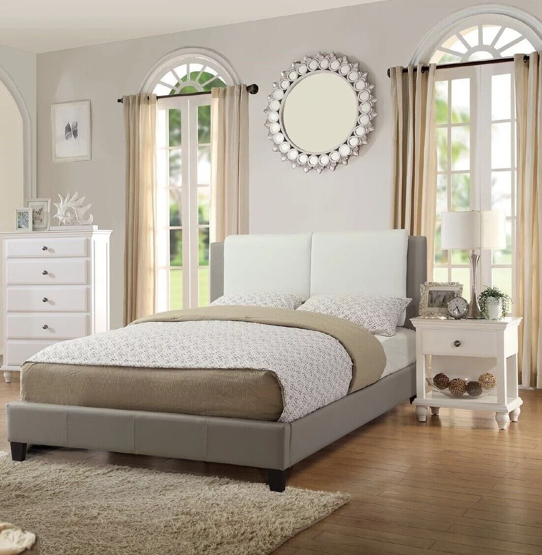 Modern Bedroom Furniture 3pc Queen Size Bed Set White 2x Nightstands Faux Leather Upholstered Bed