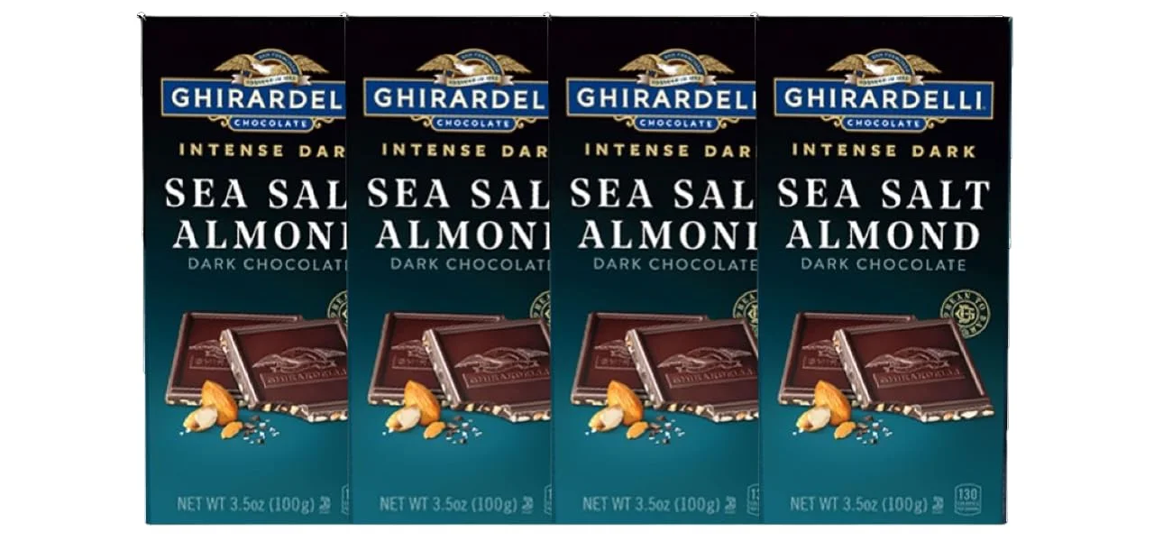 GHIRARDELLI Sea Salt Almond, Intense Dark Chocolate Bar, Valentine’S Day Chocolate Gifts, 3.5 Ounce Bar (Pack Of 4)