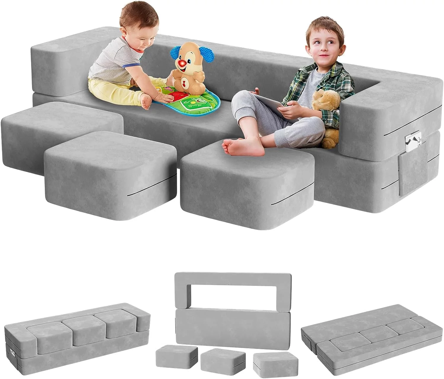 Kids Couch with 3 Ottomans, Wanan Toddler Couch for Playroom Bedroom, 5 in 1 Modular Kids Couch Fold out Sofa Kids Floor Sofa for Toddler and Baby, Play Couch Sofa for Kids, Gray