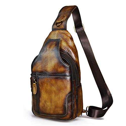 Le'aokuu Men Fashion Casual Tea Designer Travel Hiking Crossbody Chest Sling Bag Rig One Shoulder Strap Bag Men Leather 8015