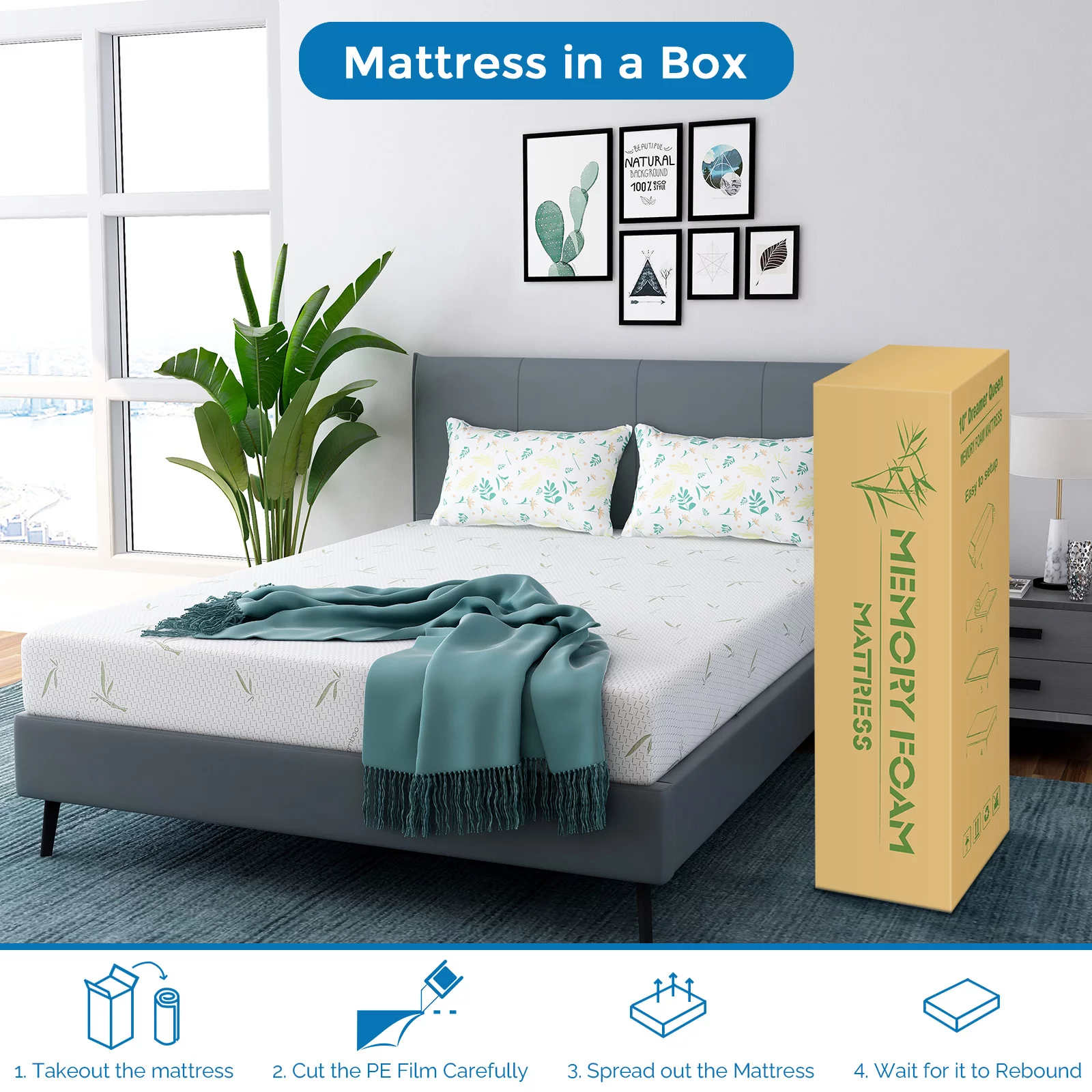 Full Mattress, 8 inch Memory Foam Mattress Bed in a box, with Green Tea Cooling Gel, Medium, Made in USA