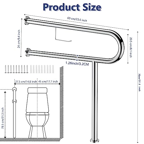 Toilet Grab Bar for Elderly,24Inch Height Adjustable and Flip Up Handicap Grab Bars for Bathroom, Aluminum Alloy Floor to Wall Toilet Safety Rails for Disabled Elderly Pregnant Woman