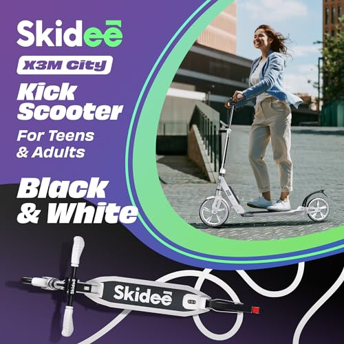 Skidee Adult & Teen Scooter Adjustable Height, Folding, Large Wheels, Lightweight, Durable, Anti-Shock Suspension, Up to 220 lbs
