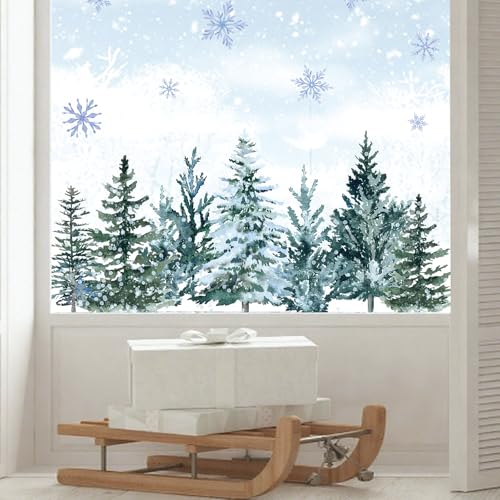 Whaline 9 Sheet Christmas Window Clings Snowy Xmas Forest Trees Double-Sided Reusable Winter Window Decals for Holiday Christmas Party Home Windows Glass Decor