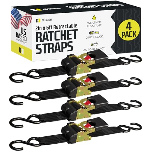 DC Cargo - Retractable Ratchet Straps, 2 Pack (1 inch x 10 feet) - Heavy Duty Tie Down Auto Retractable Ratchet Straps - Easy Self Contained Black Ratchet Strap Tie Downs for Trailers, Vehicles, Boat