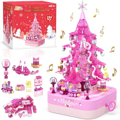 SpringFlower 594 PCS Christmas Tree Building Block Set, Rotating Music Box Christmas Building Block Tree for Boys Girls Adults, Xmas Gifts Decorations for Kids Adults Teens,Green