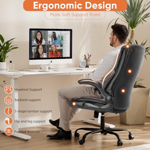 Sweetcrispy Ergonomic Computer Gaming Office Chair, Heavy Duty Task Desk Swivel Rolling Chairs with Wheels, Flip-up Arms, Adjustable Height, PU Leather, Black