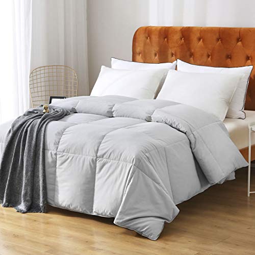 Feathers Down Comforter King - 100% Organic Cotton Quilted Medium Warm All Seasons Duvet Insert or Stand-Alone Comforter (106x90, Ivory White)