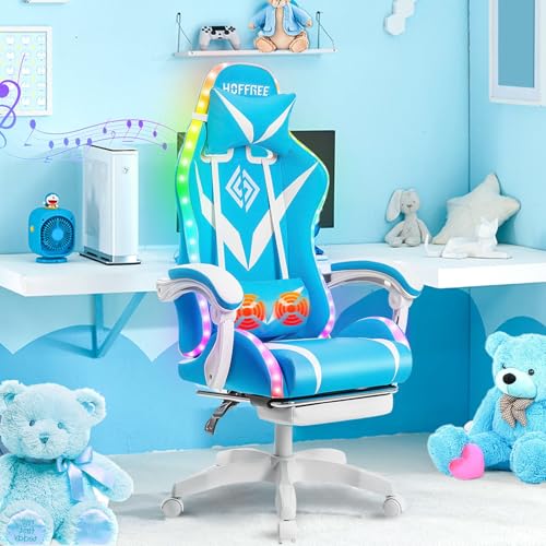 HOFFREE Gaming Chair Massage with Bluetooth Speakers and Led Lights Ergonomic Computer Gaming Chair with Footrest RGB Video Game Chair with High Back Lumbar Support Blue and Black