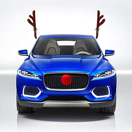 Christmas Car Decorations - Reindeer Antler Kit with Jingle Bells and Red Nose - Vehicle Accessories for Xmas