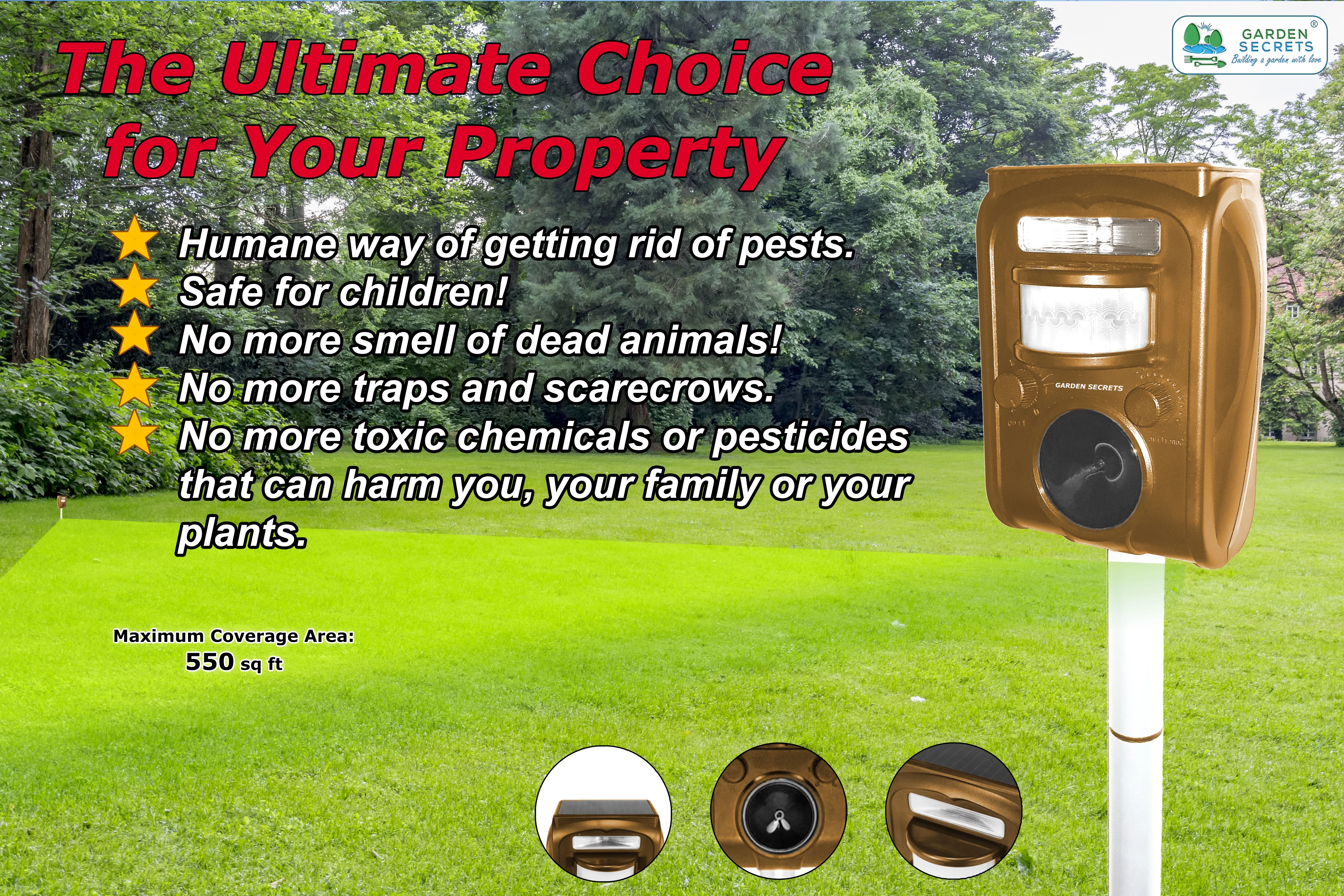 GARDEN SECRETS® (Newest Version) Compact Solar Ultrasonic Animal Repellent, Skunk Raccoon Deer Etc. (1)