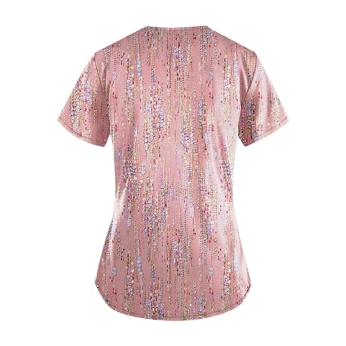 Womens Scrubs Floral Printed Short Sleeve Blouses V Neck Working T-Shirts Easy Care Scrubs Tops with Pocket