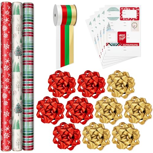 Hallmark Red, Green, Gold Christmas Wrapping Paper Set (90 sq. ft. ttl, 10 Bows, 4 Ribbon Colors, 40 Gift Tag Stickers) Stripes, Snowflakes, Trees