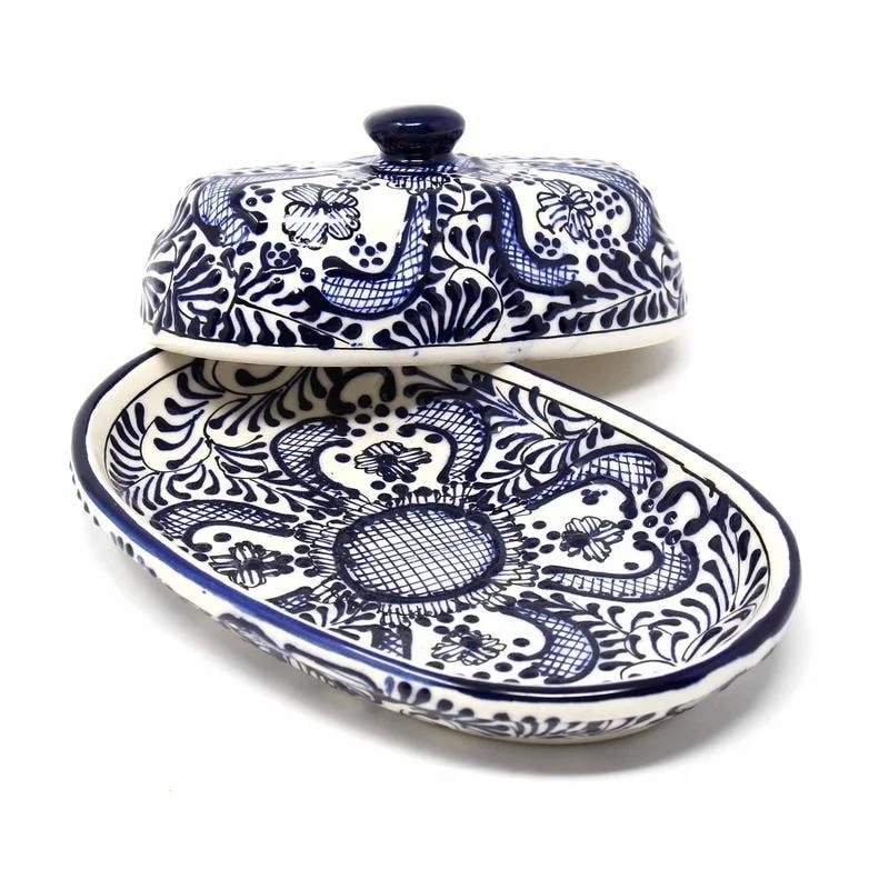 The Curated Nomad Somerset Handmade Blue Flower Pottery Butter Dish