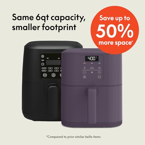 bella 4Qt Slim Air Fryer, Fits-anywhere™ Kitchenware, EverGood™ Ceramic Nonstick Coating, Adjustable Temperature, 6 Preset Cooking Options, 60 Min Auto Shutoff w Audible Tone, 3.3lb Capacity, Oatmilk